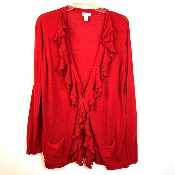 Chico's Ruffle Front Cardigan Women's 2 ( 12) Lightweight Sweater Red Casual - Picture 1 of 11
